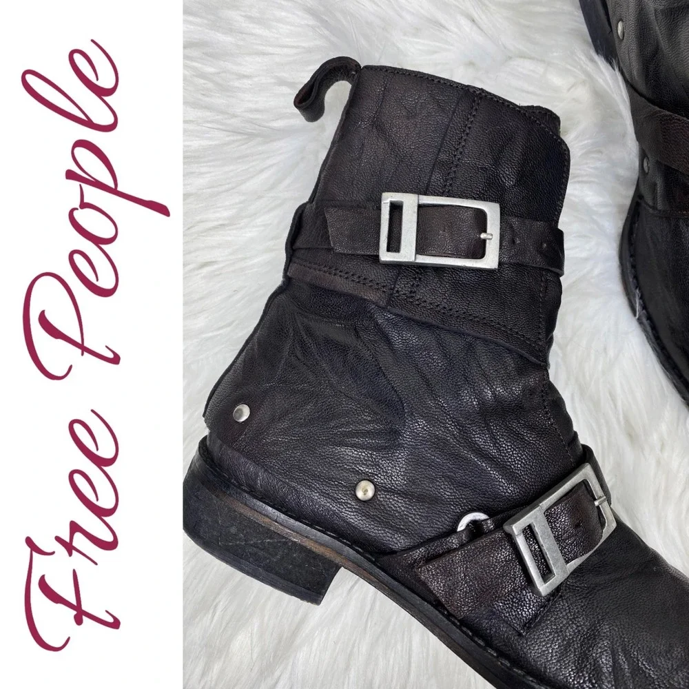 Free People Outsider Leather Double Buckle Moto Combat Boots Black Studded EU 39